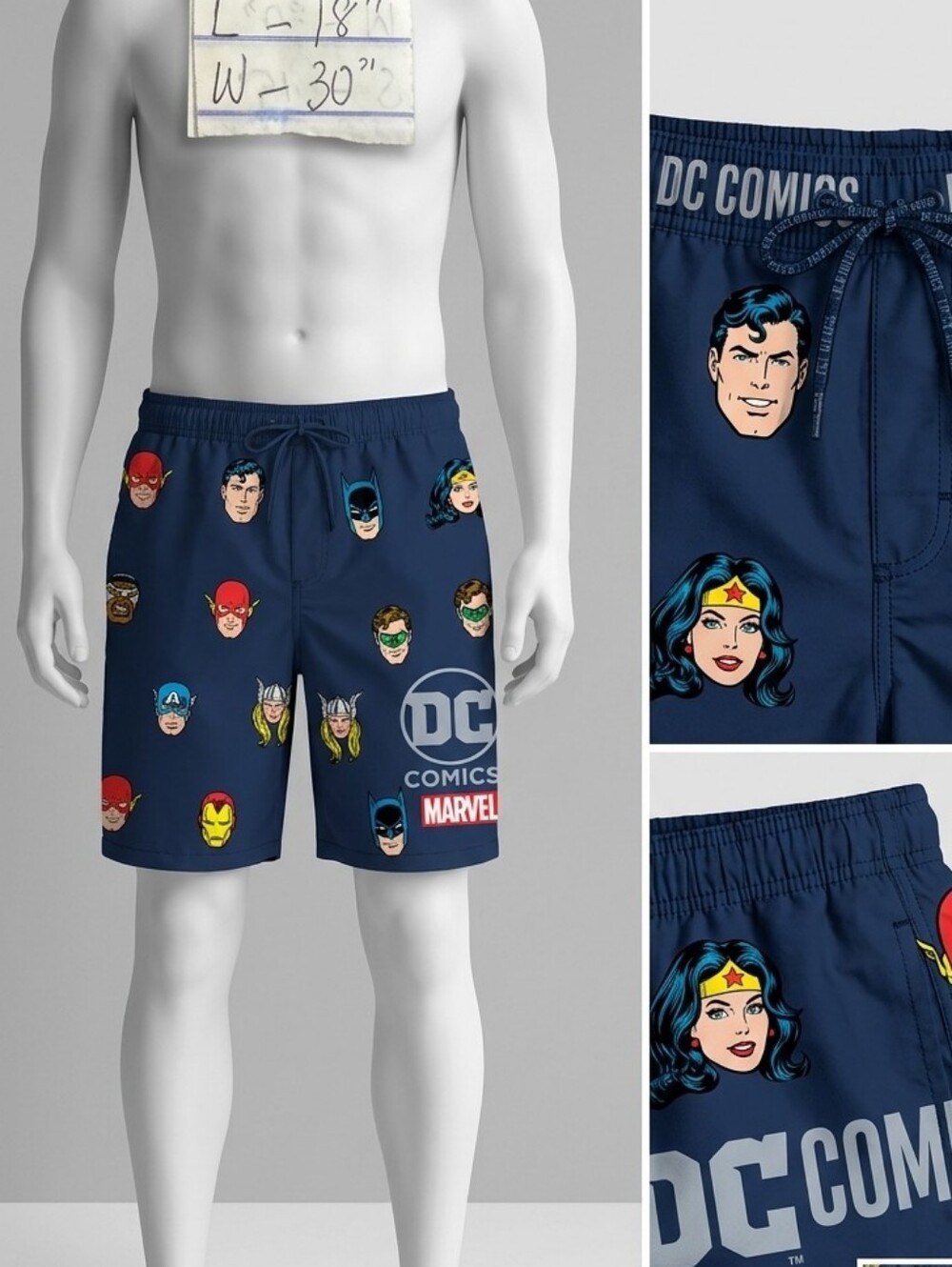 Marvel Navy Swim Shorts with Multicolor Superhero Faces • Size S